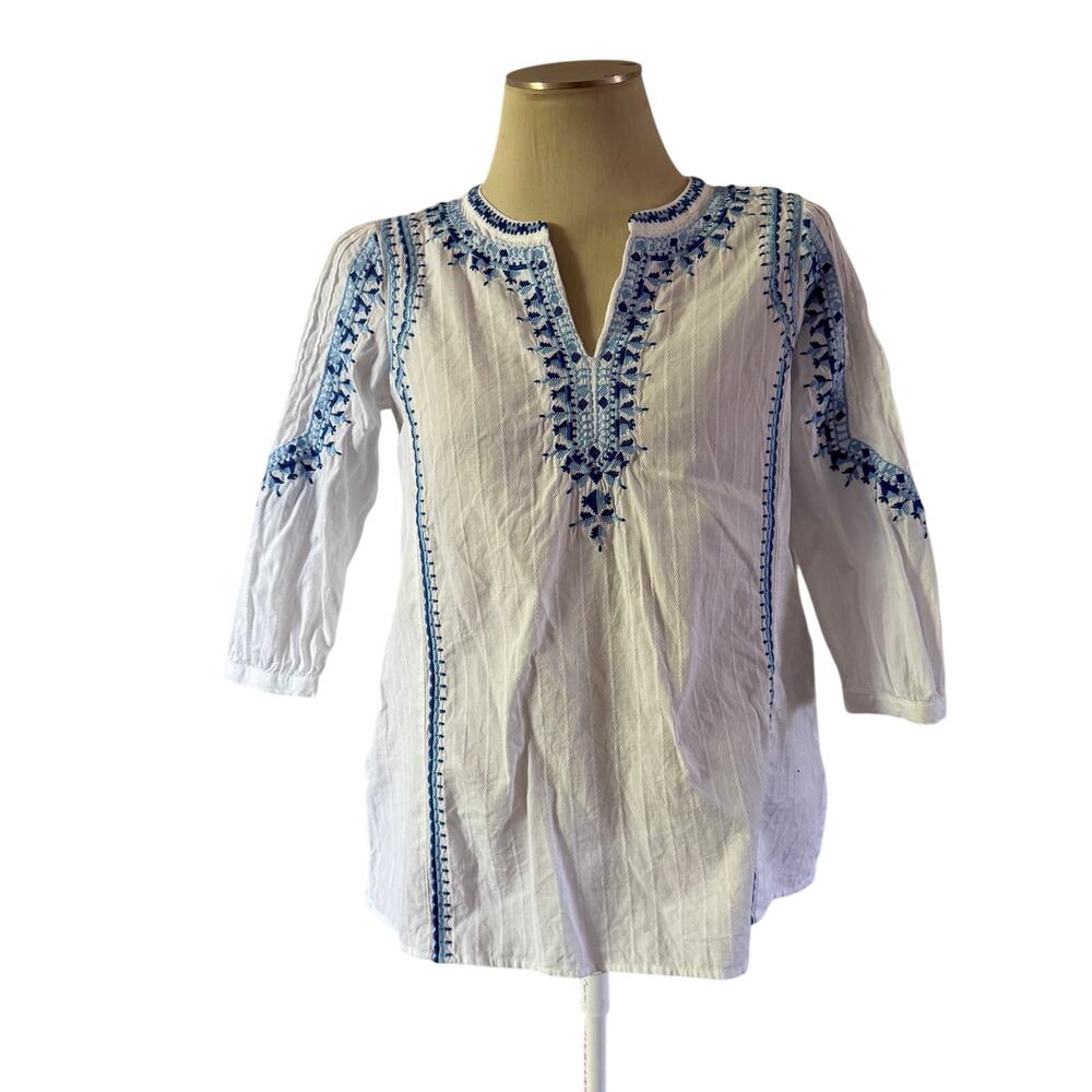J Jill White Blue Embroidered Tunic Top Sz XS P Resortwear Coastal Gauzy
